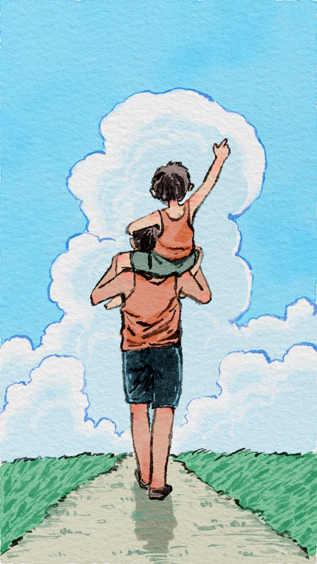 坐在父亲的背肩